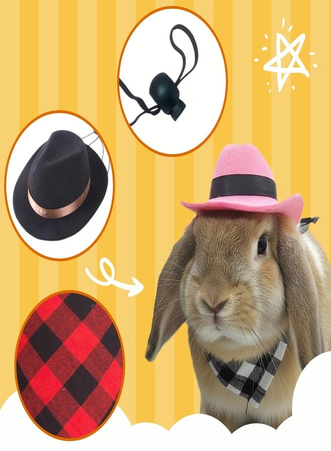 hokable Cowboy Hat and Bandana Scarf Set for Small Pets- Rabbit, Guinea Pig, Cat, DogCostume Accessories -Funny Halloween Pet Clothes for Party, Cosplay, PhotoProps (Black Hat & Red Checkered Scarf) - Image 2